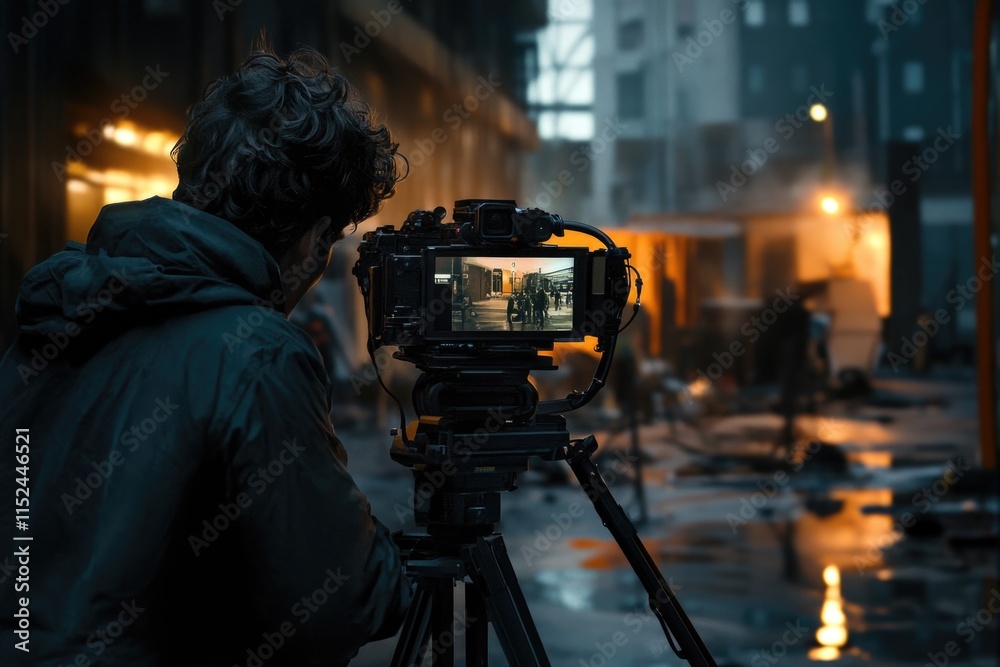 Poster A photographer using a camera mounted on a tripod in a studio or outdoor setting