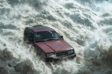 A red truck is seen driving through a river of water