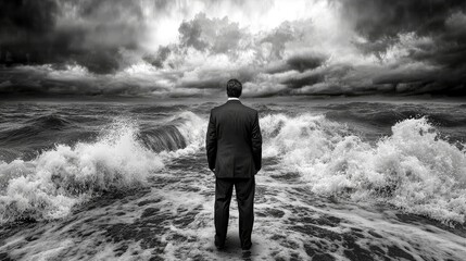 Fototapeta premium A man stands before a wave displaying a dark blue circle with a spiral pattern at its core.