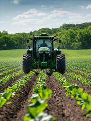 Tractor working in a green farm field on a sunny day