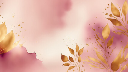 Elegant pink watercolor background with golden floral details and flowing abstract patterns, perfect for luxury posters, banners, and wedding design visuals.