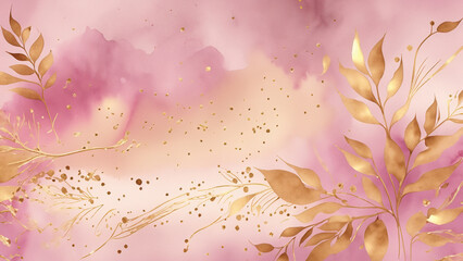 Romantic soft pink watercolor background with golden floral details and elegant dreamy textures, perfect for weddings, posters, and creative luxury visuals.