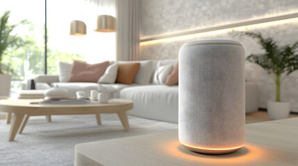 A smart speaker sits on a wooden table in a modern living room. The speaker is white with a fabric covering and a subtle light at its base. A blurred sofa and coffee table create a calming background.