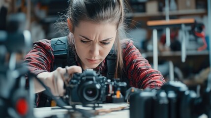 A woman holds a camera and takes a selfie