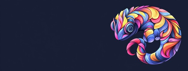 Faceted digital art of chameleons with earphones on a plain color background,呈现出 minimalist abstract aesthetics and a panoramic layout. Generated with AI.