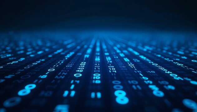 Binary code stream flowing on dark background representing big data