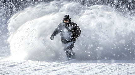 Snowboarder carving through a massive snow cloud, creating a dramatic winter scene. Snow particles fill the air as the rider navigates the powder.