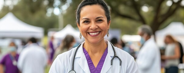 Community health fair outdoors with doctors offering free consultations, community wellness initiatives