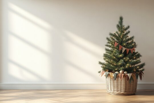 A small Christmas tree placed in a decorative wicker basket, ideal for home or office decor