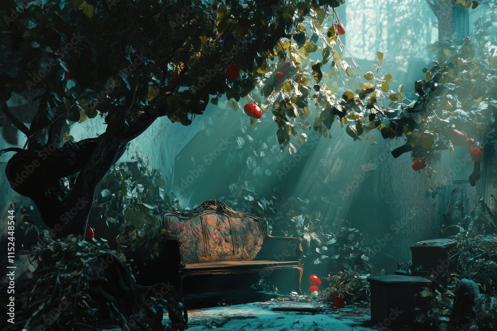 Poster a wooden bench in a dense forest with trees surrounding it