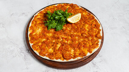 Delicious turkish lahmacun top view isolated