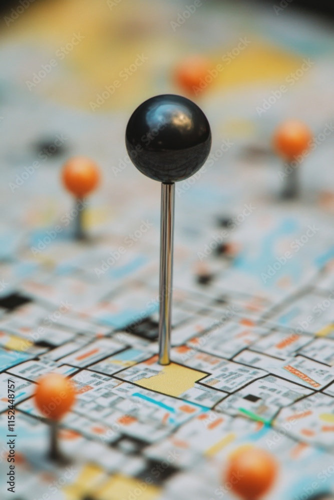 Poster close-up of a map with pins marking various locations, useful for travel or presentation purposes