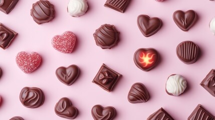 Assorted chocolates arranged on a pink background, ideal for promoting sweet treats or confectionery products