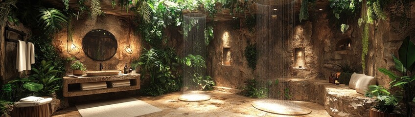 Obraz premium Tropical Rainforest Bathroom Oasis: Indoor Plants, Stone Sink & Rain Shower