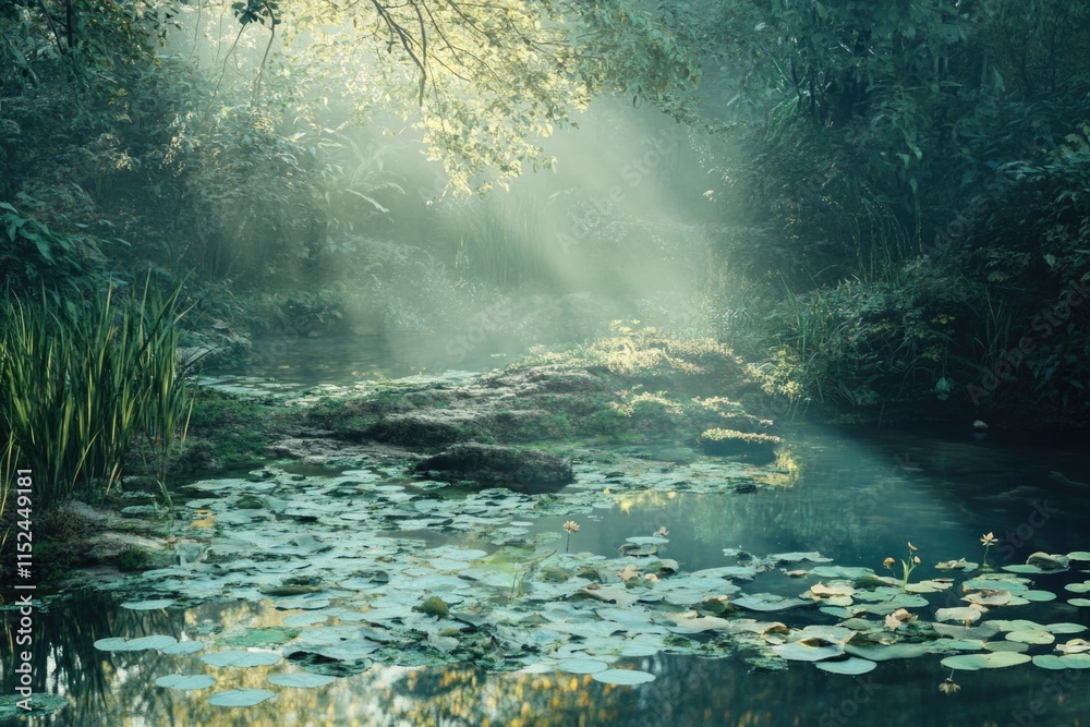 Poster a serene scene of sunlight shining through trees over a pond filled with lily pads