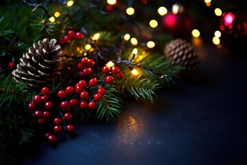 Close up shot of a Christmas tree with colorful lights in the background, perfect for holiday and winter-themed projects