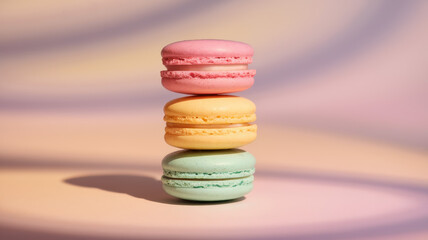 Three colorful macarons stacked with pink, yellow, and green hues against a soft pastel backdrop, creating a vibrant and welcoming mood.
