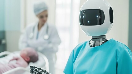 Healthcare robot assisting a nurse in a maternity ward, automation in care delivery