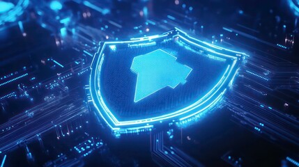 Glowing blue shield cybersecurity digital protection concept on circuit board.