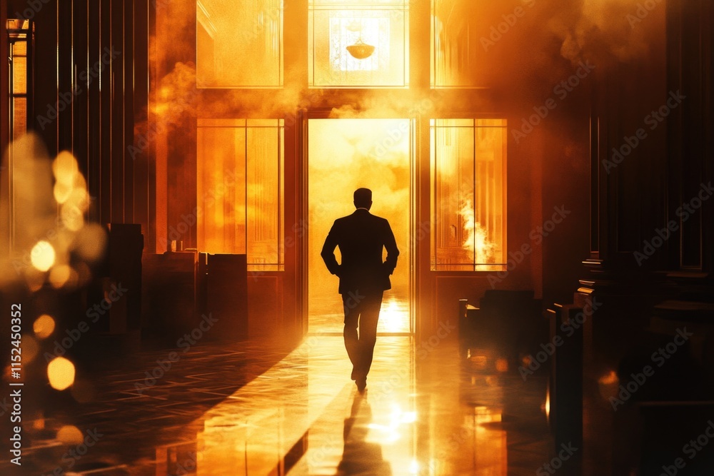 Poster a person walking down a hallway towards a building