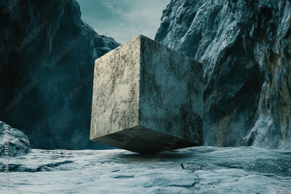 Poster a large stone block sits atop a snow-covered mountain, offering a scenic view