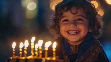 Joyful child celebrating festival with lit candles during night