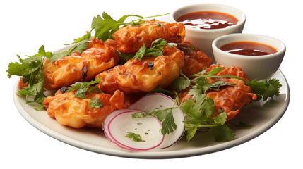 Crispy pakoras arranged on a plain white plate, emphasizing simplicity and culinary appeal, studio view, isolated on transparent background.