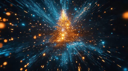 Fototapeta premium glowing digital xmas Christmas tree shines brightly in dark abstract space