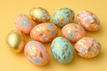 Fototapeta premium A delightful collection of modern Easter eggs featuring floral designs and gold accents on a bright, cheerful background.