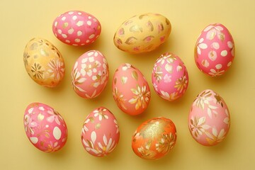 Obraz premium A lively assortment of stylish Easter eggs adorned with vibrant patterns and unique textures, evoking a joyful spirit.