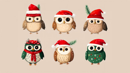 Charming illustrated owls celebrate Christmas in festive attire with hats and scarves, showcasing a whimsical winter wonderland