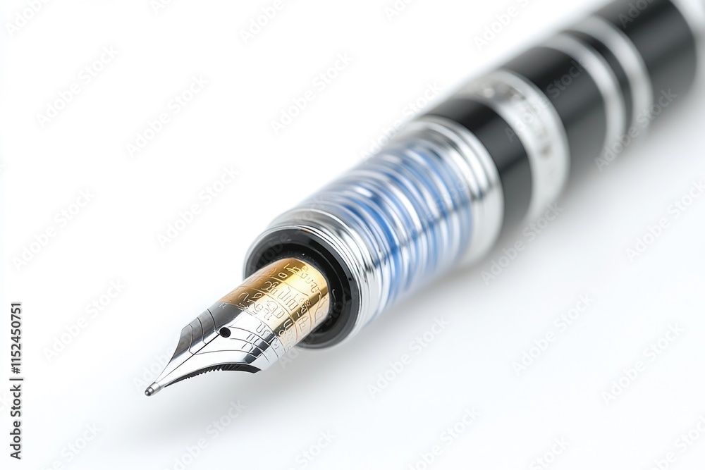 Poster a close up view of a fountain pen resting on a white surface, ready for use