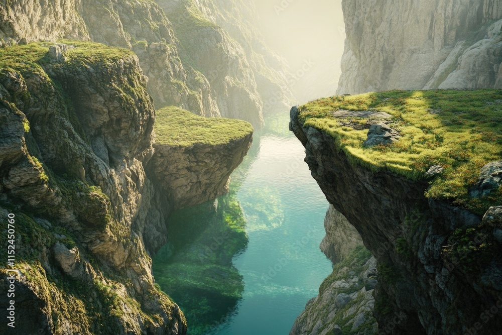 Poster a person standing at the edge of a cliff overlooking a river, with scenic views and nature