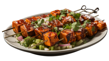 Delicious paneer tikka skewers with spices, capturing the essence of authentic Indian street food, studio view, isolated on transparent background.