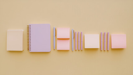 A flat lay arrangement of pastel stationery supplies including a purple notebook, sticky notes, and pens on a soft yellow background.