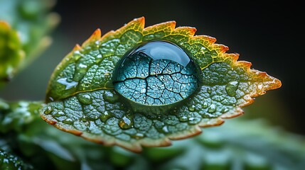 Macro shot of a water droplet on a leaf, reflecting leaf veins.