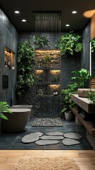 Fototapeta premium Tropical Rainforest Bathroom Oasis: Indoor Plants, Stone Sink & Rain Shower