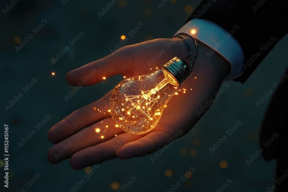 Poster a person holds a shining light bulb, suitable for use in illustrations about innovation or creativit