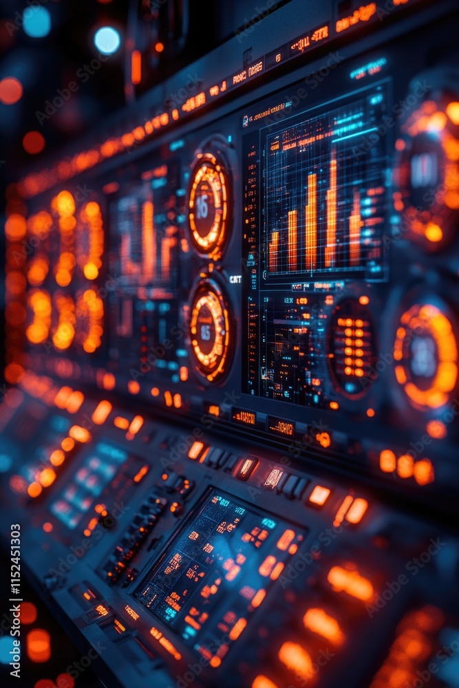 Poster close-up of a control panel in a room with various buttons and displays