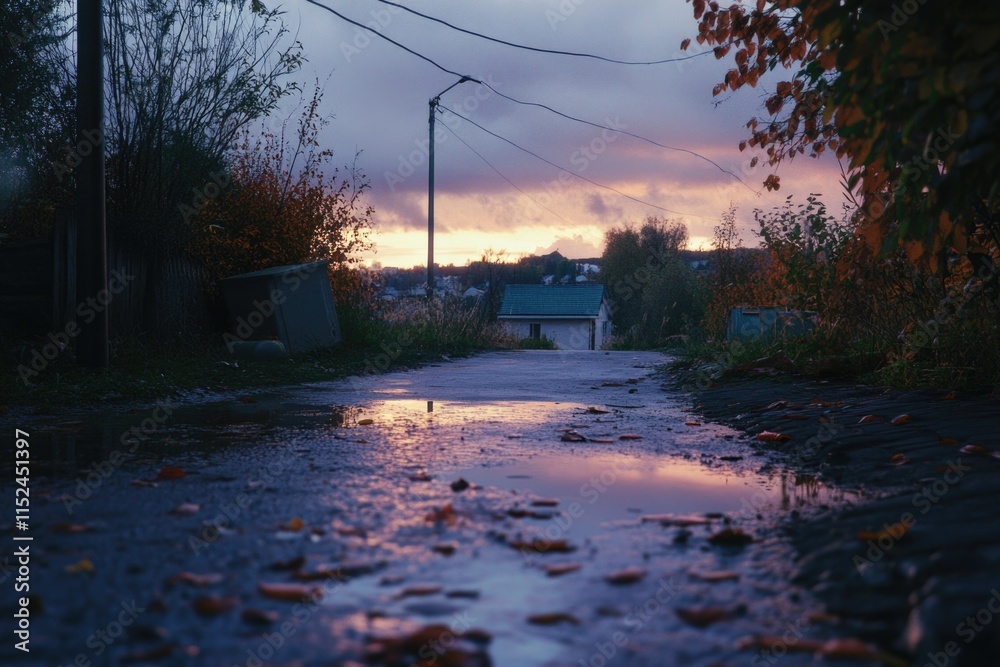 Poster a puddle of water on a road with a house in the background, ideal for use as a travel or landscape i