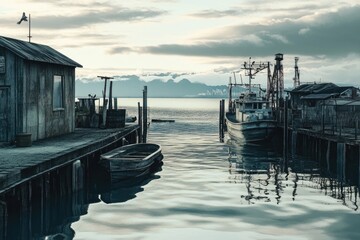 Fototapeta premium A boat is moored at a dock in calm water, suitable for use as a background image or illustration