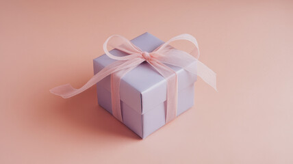 A beautifully wrapped lavender gift box with a delicate pink ribbon sits elegantly against a soft peach background, perfect for any special occasion.