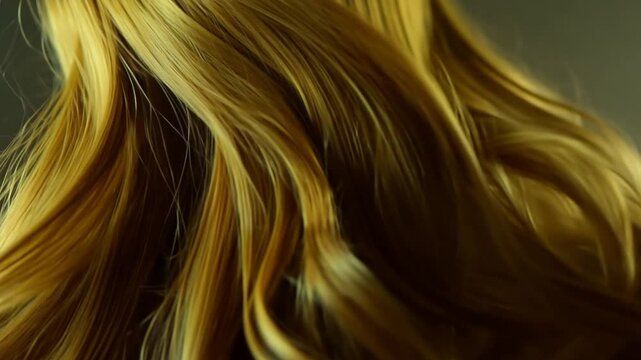 Slow motion shot of waving dark yellow hair. Beautiful healthy long smooth flowing hair.