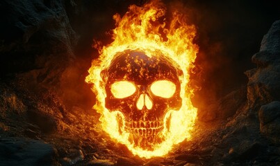A glowing fiery skull emerging from a volcanic cave surrounded by intense flames, symbolizing danger, death, and hellfire in a mysterious and ominous scene