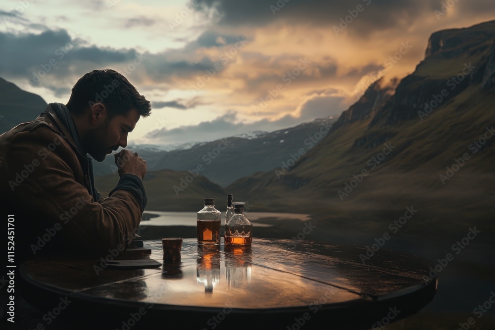 Poster a person sits at a table with a bottle of whiskey, possibly enjoying a moment of solitude or relaxat