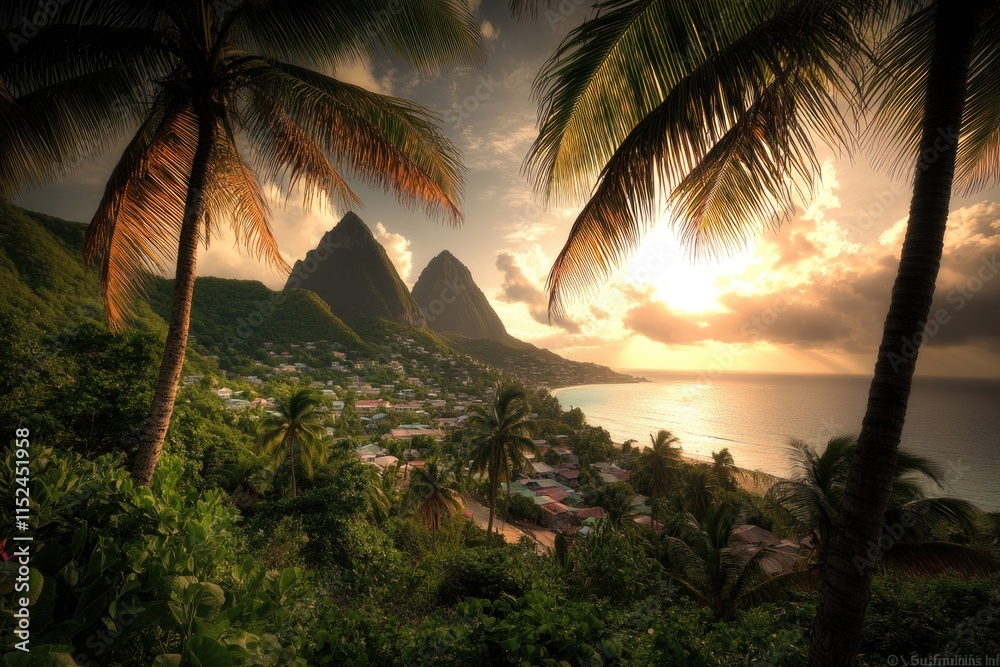 Poster a serene sunset scene on a tropical island with palm trees and calm waters