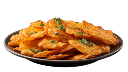 Crispy Indian pakora fritters served fresh on a plate, bursting with spicy and savory flavors, studio view, isolated on transparent background.