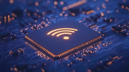 glowing wifi symbol on advanced tech blue circuit board network connection background for technology concept