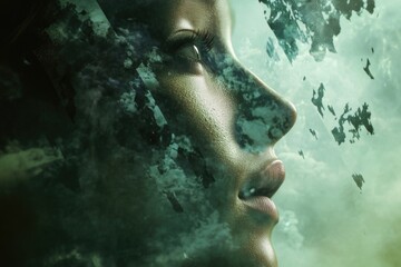 A woman's face is seen through a window, looking out into the distance