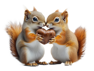 2 squirrels holding a heart-shaped chestnut in transparent background, perfect for Valentine's day theme